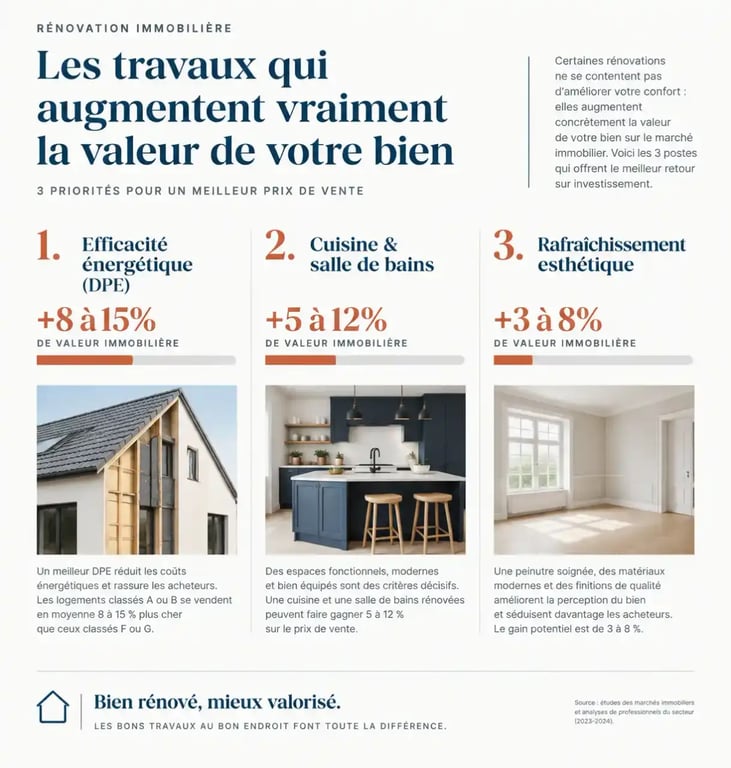 Infographie des travaux clés pour valoriser son bien immobilier